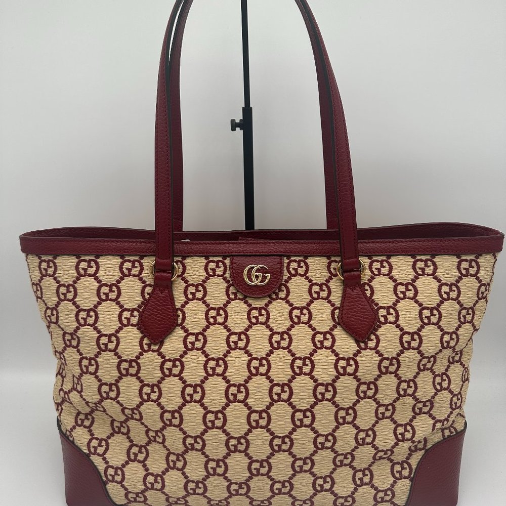 NWT Gucci Medium GG Straw Ophidia Shopping Tote